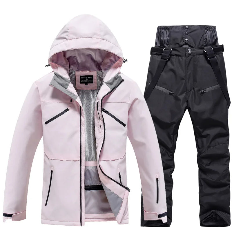 NEW Fashion Men Women Winter Ski Suit Windproof Waterproof Snowboard Jacket and Pants Snow Clothes Female Skiwear Pure White