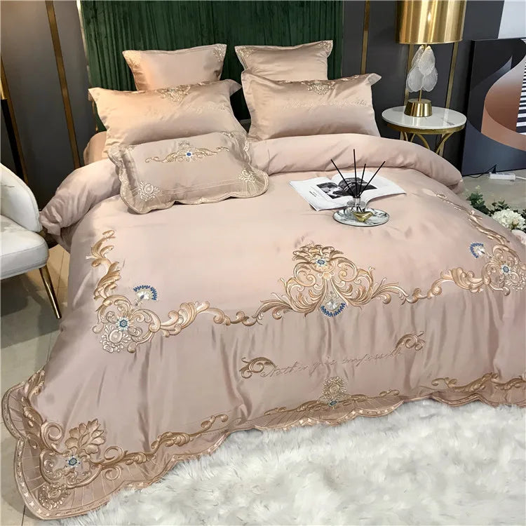 European Style Egyptian 100% Cotton Bedding Set Golden Embroidery Home Textiles Duvet Sheet Pillowcases Set Full King Queen Size
