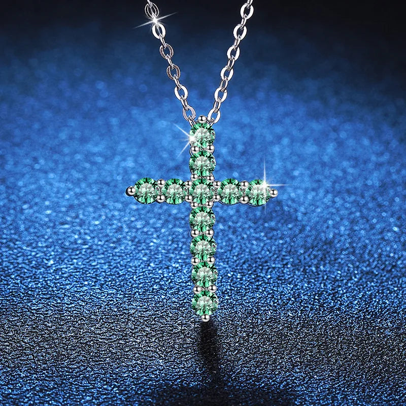 Beautiful Pink/Blue/Green 1.1CT Moissanite Cross Pendant Necklace for Woman Anniversary Solid Platinum PT950 Necklace