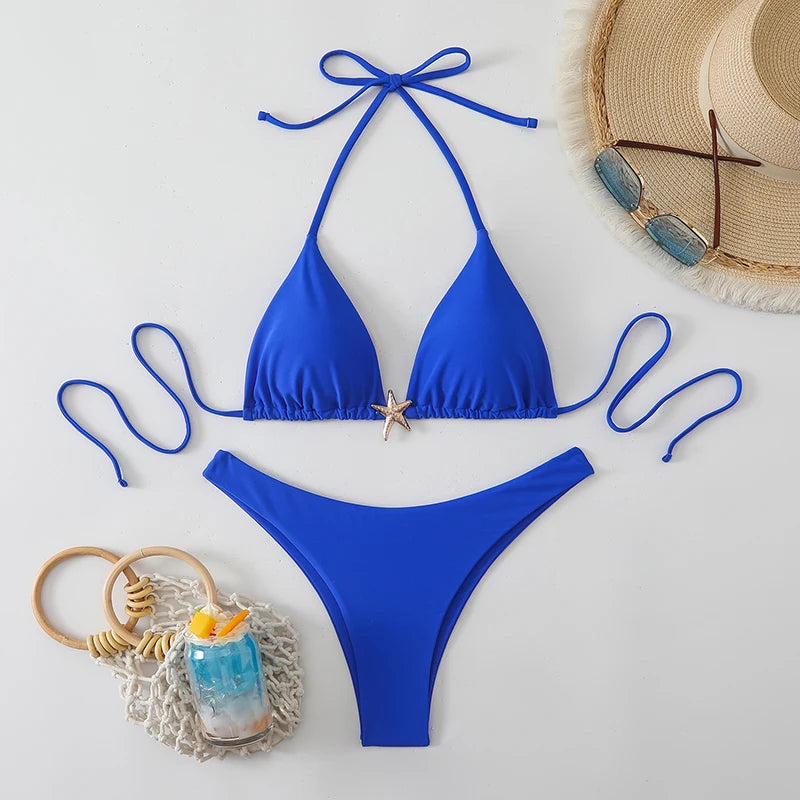 Sexy Bikini Set Solid Swimsuit Women Beachwear 2026 Thong Micro Bikinis Female Swimwear High Cut Neck Bathing Suit Beach Biquini