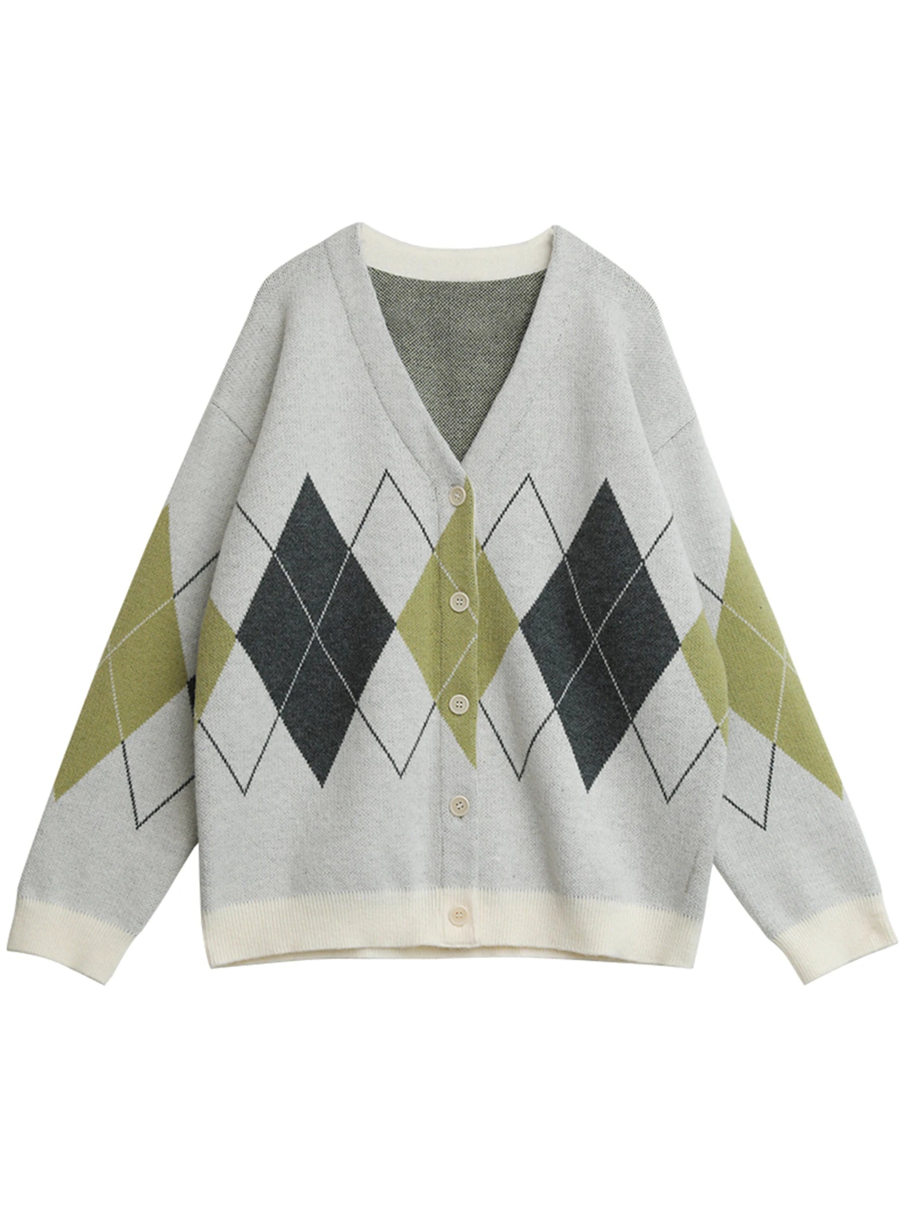 CHIC VEN Women Sweaters Loose Casual Retro Diamond Grid Jacquard Knitted Ladies Cardigan V-neck Jumpers Autumn Winter 2025