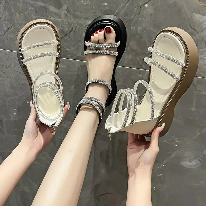 Women's Sandals Fashion Thick Soled Ankle Cool Boots Summer Roman Sandals Luxury Rhinestone Casual Cool Boots Sandalias De Mujer