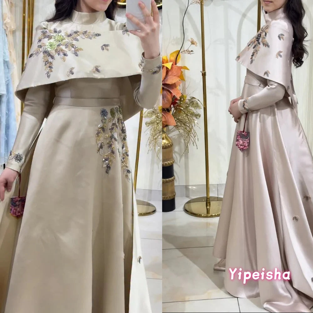 Customized A-line Evening Dresses Floor-length High-neck Full Sleeve Prom Gown Fashion Sequined Flowers Simple Draped Party Gown