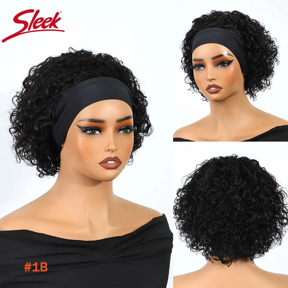 Human Hair Curly Wigs Headband Wig Brown Wear And Go Headband Wigs Glueless Wig With Elastic Band Pixie Cut Curly Human Wigs