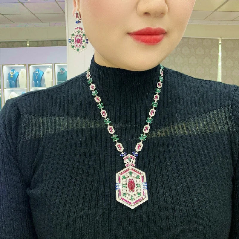 Designer Collection Earrings Necklace Women Lady Inlay Cubic Zircon Synthetic Ruby Rhombus Tassels Pendant Party Jewelry Sets