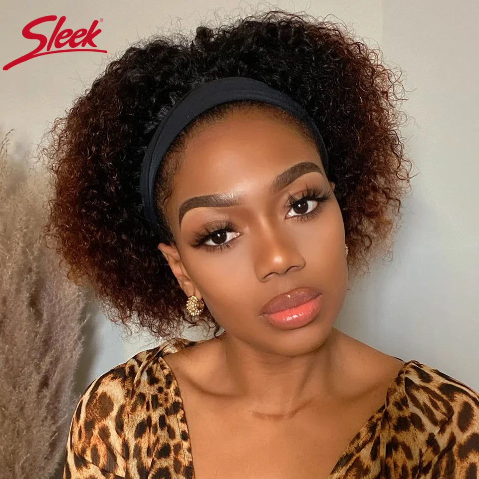 Human Hair Curly Wigs Headband Wig Brown Wear And Go Headband Wigs Glueless Wig With Elastic Band Pixie Cut Curly Human Wigs