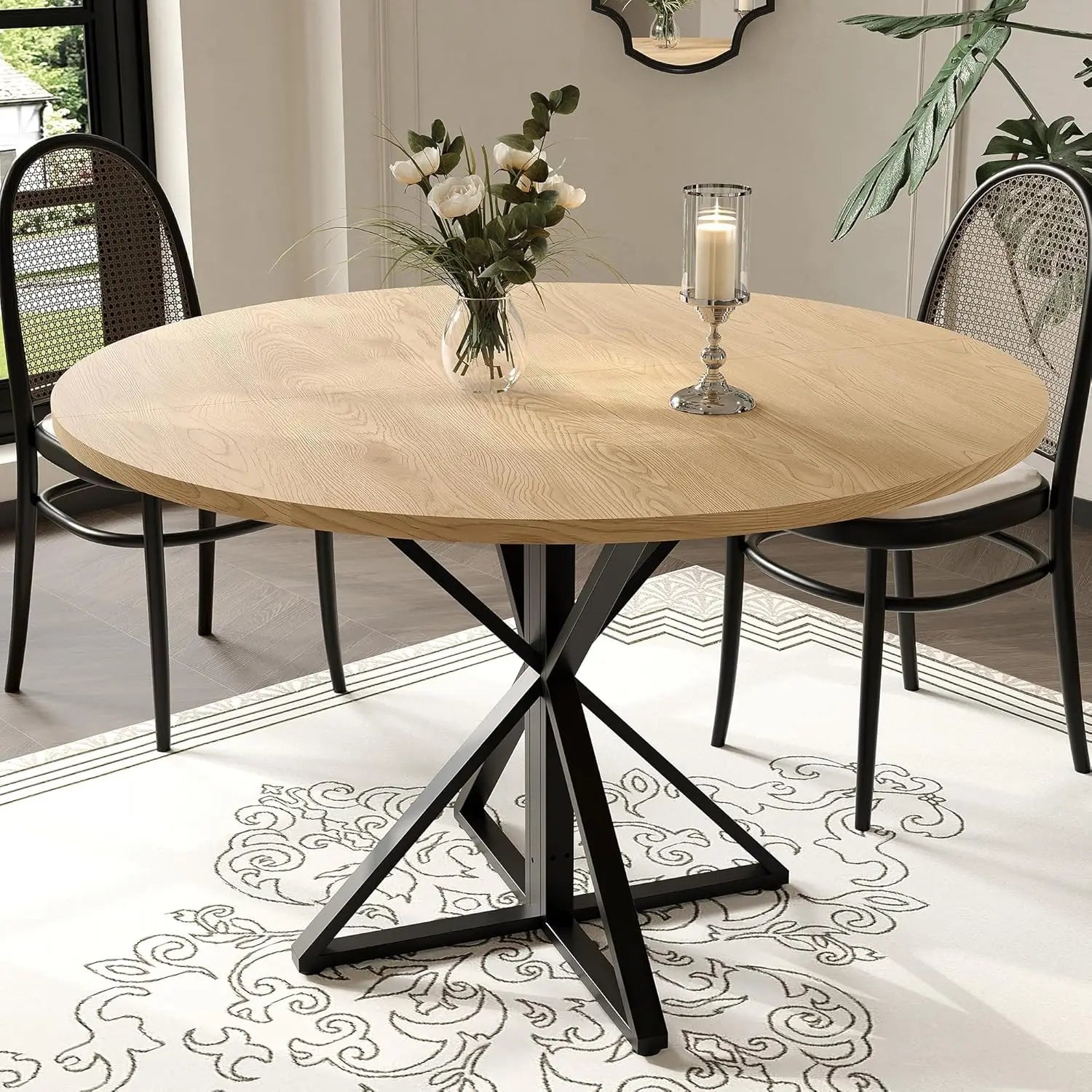 Garvee 4 People Version 47" Circle Counter Table: Oak Farmhouse Kitchen Living Room Dinner Ledge, Large Space-Saving Outside Framework Central Pedestal Desk for Dining Room Lounge Corridor Furniture Moving Tool Kit