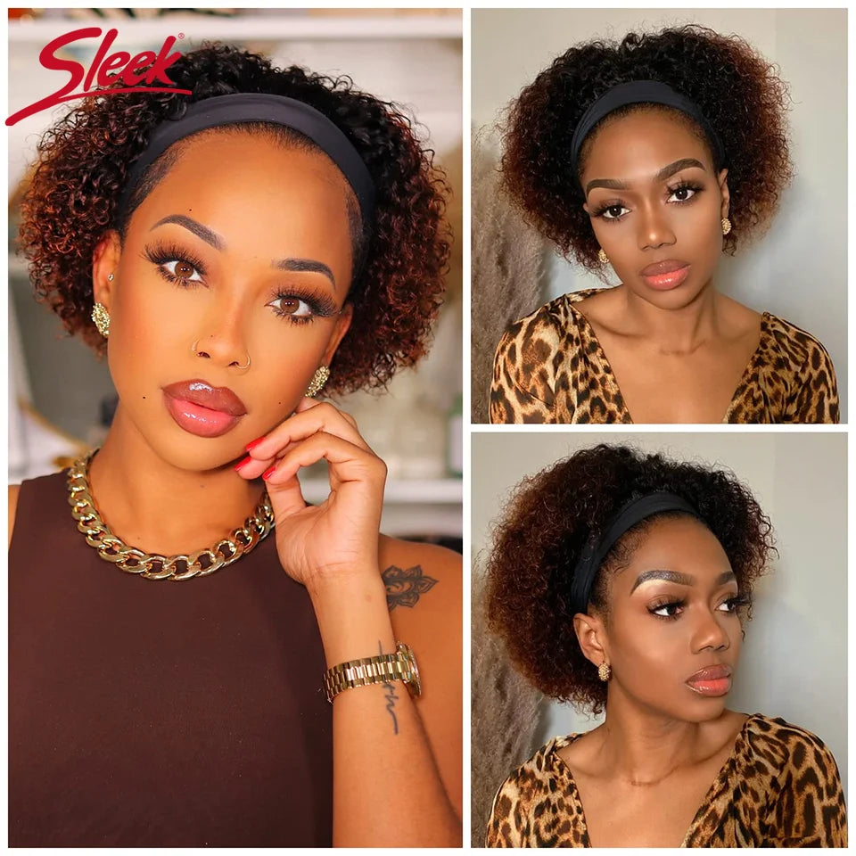 Human Hair Curly Wigs Headband Wig Brown Wear And Go Headband Wigs Glueless Wig With Elastic Band Pixie Cut Curly Human Wigs