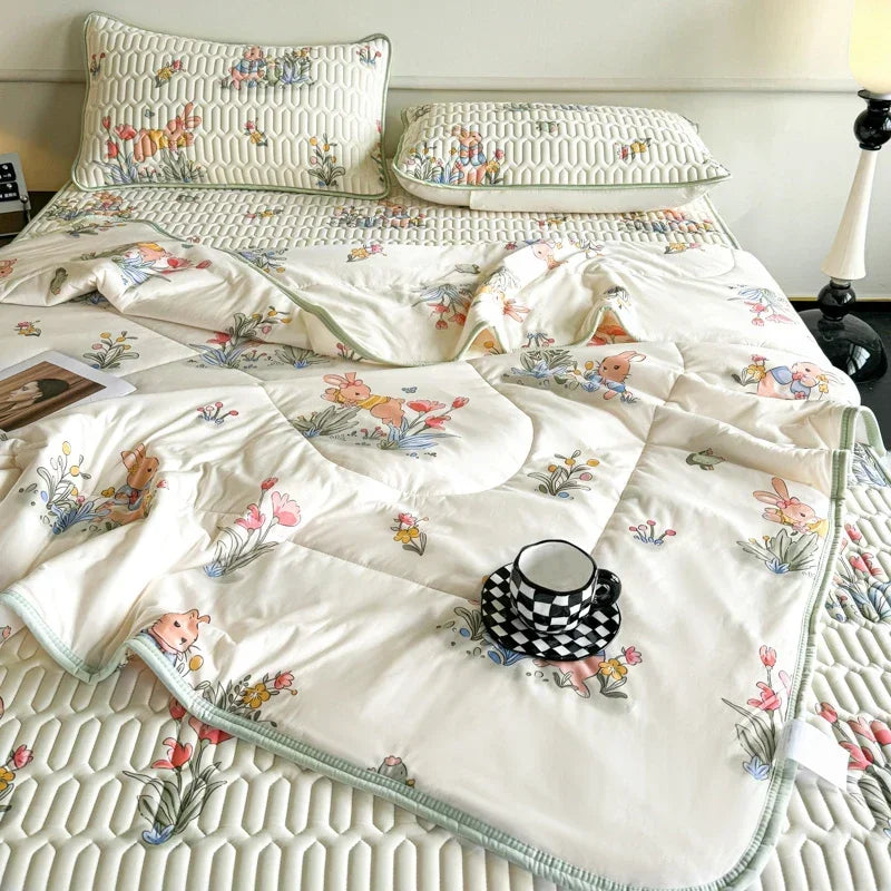 Cooling Summer Comforter Bedding Sets Double Sided Cool Feeling Fabric Duvet Summer Blanket Ice Silk Fitted Sheet and Pillowcase