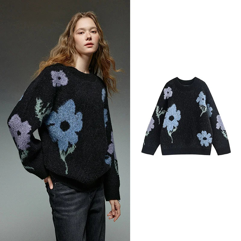 TOYOUTH Women Sweaters 2025 Winter NewAsymmetric Glutinous Rice Velvet Warm Flower Intarsia Top