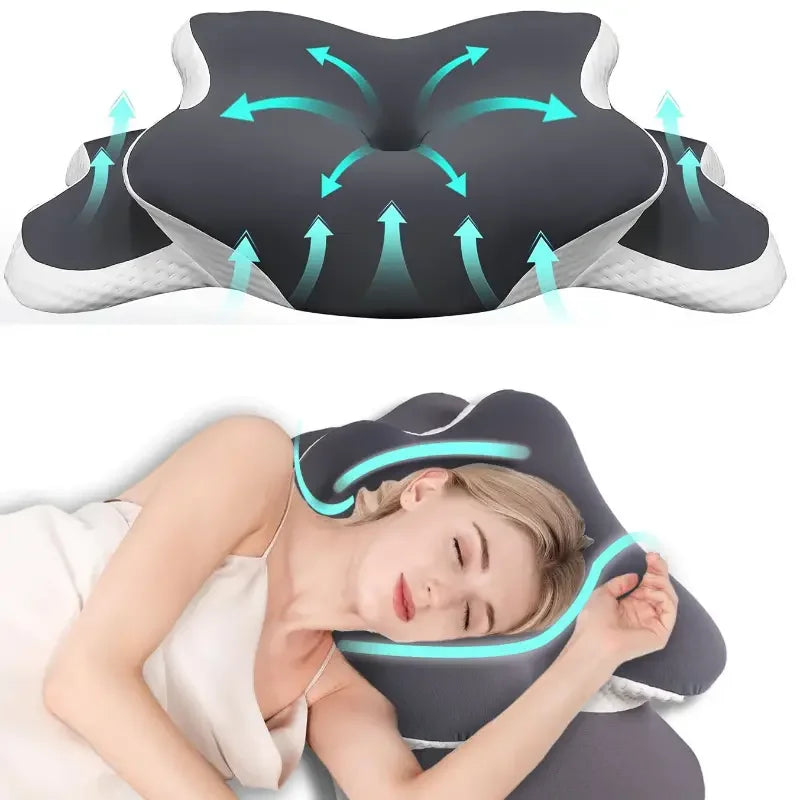 Ergonomic Memory Foam Butterfly Neck Pillow C-Shaped Adjustable Dual Height Transparent Cover Support for Side/Supine/Pillow Sle