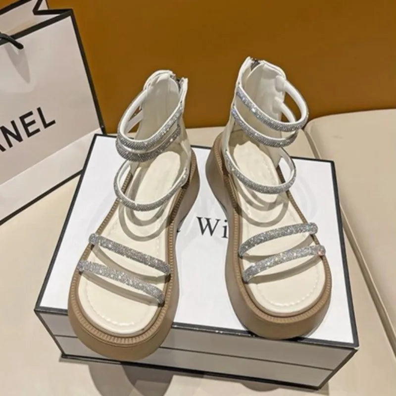 Women's Sandals Fashion Thick Soled Ankle Cool Boots Summer Roman Sandals Luxury Rhinestone Casual Cool Boots Sandalias De Mujer