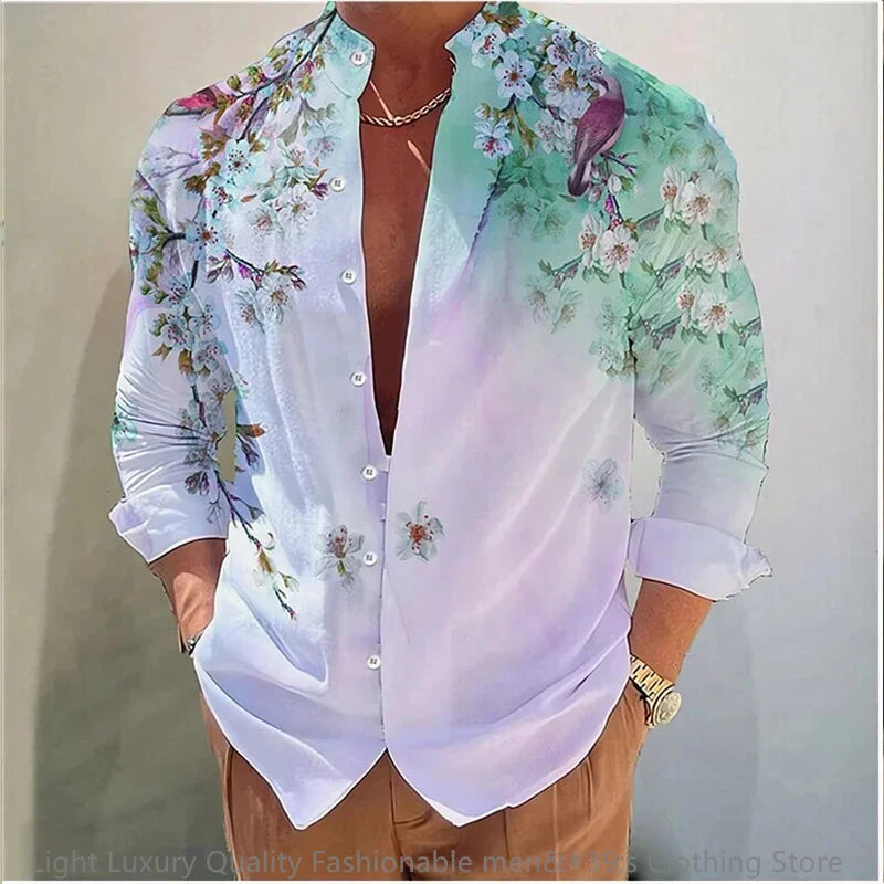 New men's shirt long-sleeved shirt 3D printing flower pattern long-sleeved standing clothing fashion casual XS-6XL soft fabric