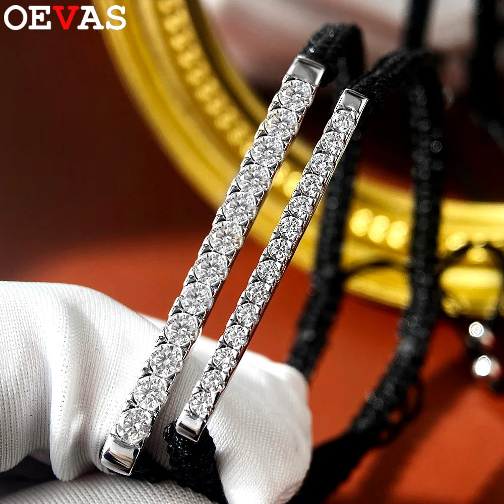 OEVAS 2/3mm Full Moissanite Bracelet for Women S925 Silver Lab Diamond Adjustable Braided Rope Chain Party Fine Jewelry Gift