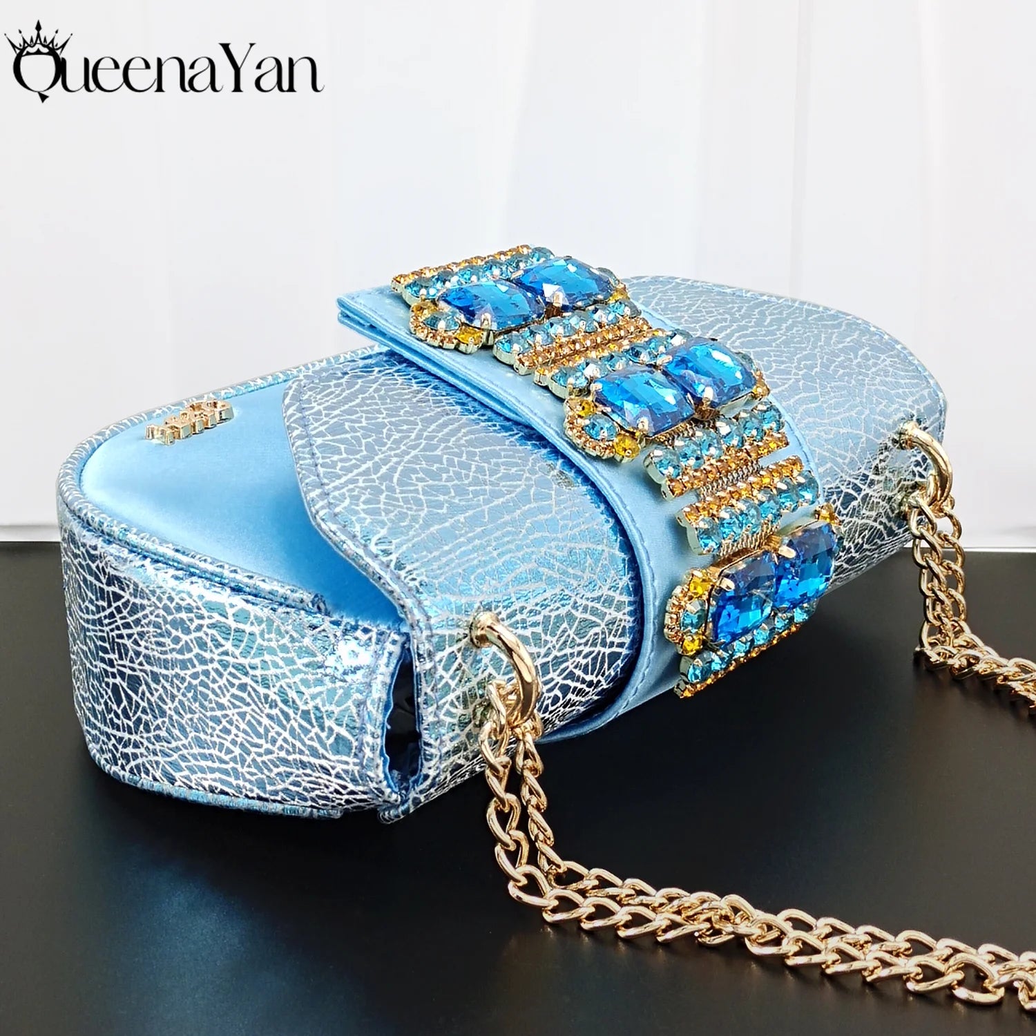 QueenaYan Italian Design Fashion Mature Style Rhinestone Peep Toe Party Women's High Heels with Diamond Oval Bag for Sky Blue