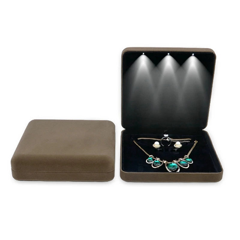 Large Velvet LED Jewelry Set Box Necklace Earrings Ring Jewellery Gift Display Storage Case with Custom Logo