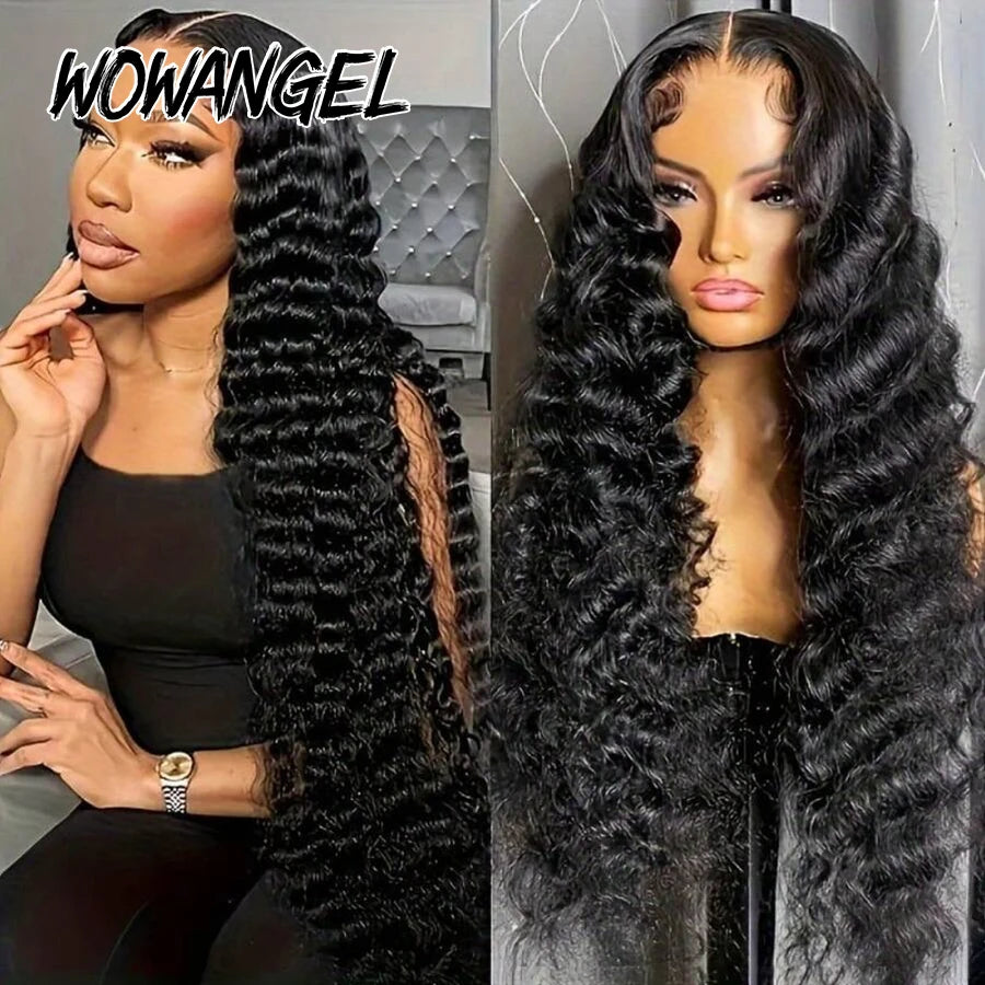 WOWANGEL Deep Wave Human Hair Wigs Pre Plucked 13x6 HD Lace Full Frontal Wigs Pre Bleached For Women 100% Human Hair Curly Wigs