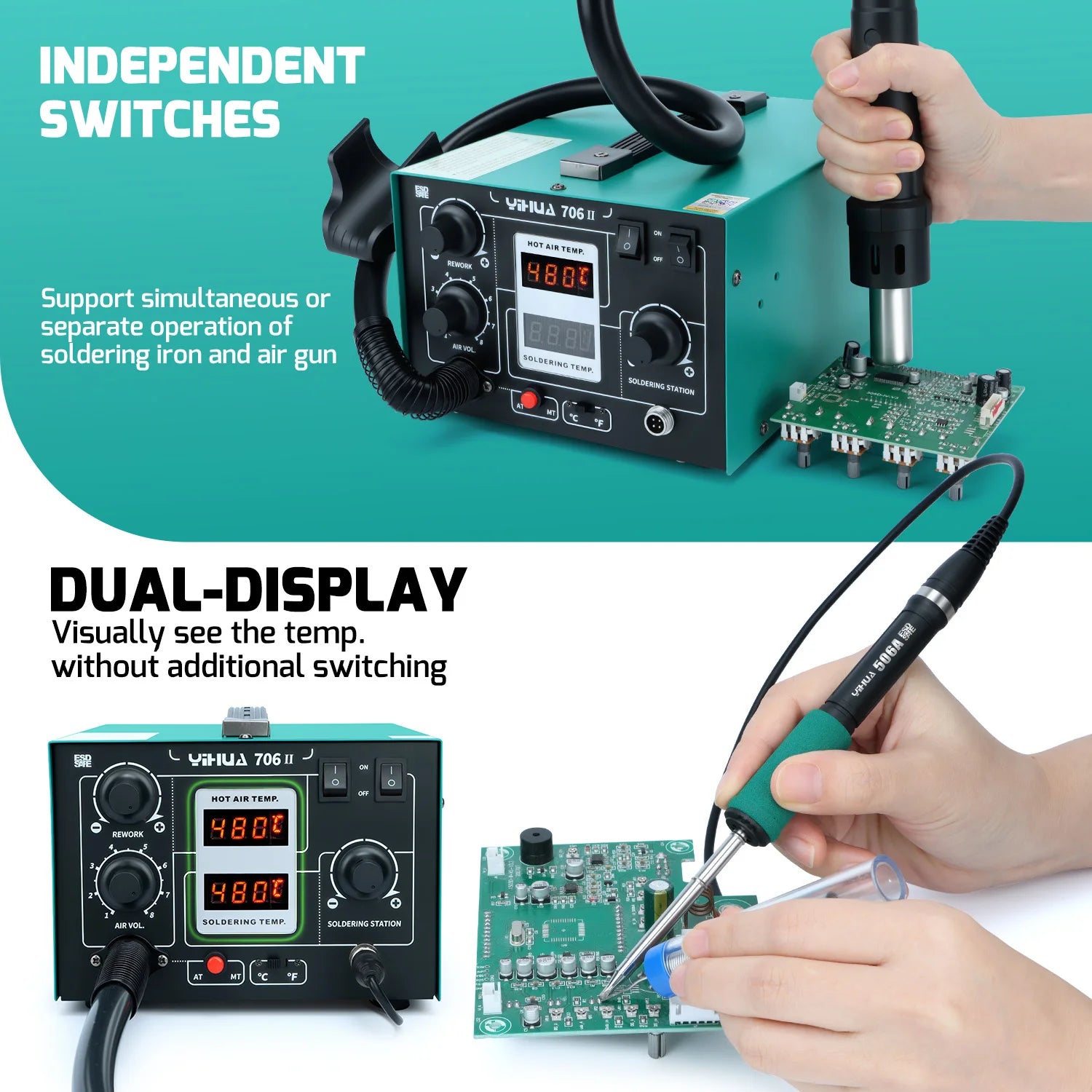 YIHUA T12 Soldering Station With Air Pump Hot Air Gun LCD Rapid Heating Temp Adjust AUTO Sleep Welding Repair Tools For SMD PCB