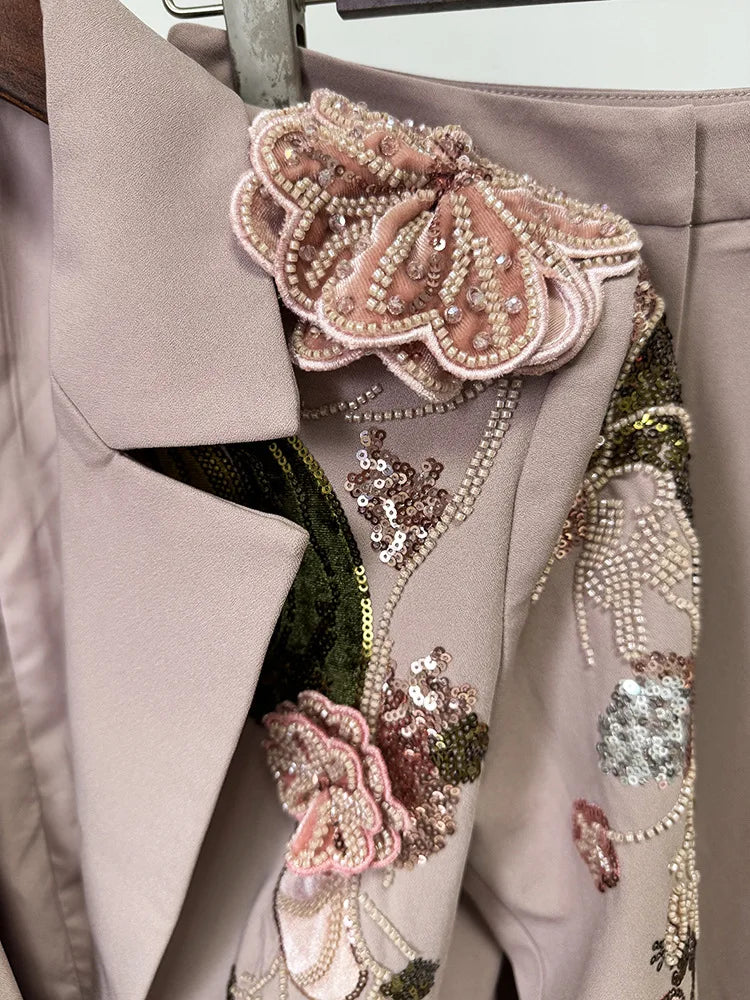 HIGH STREET Newest Fashion Designer Runway Suit Set Women's 3D Flowers Beaded Blazer Wide Leg Pants Set