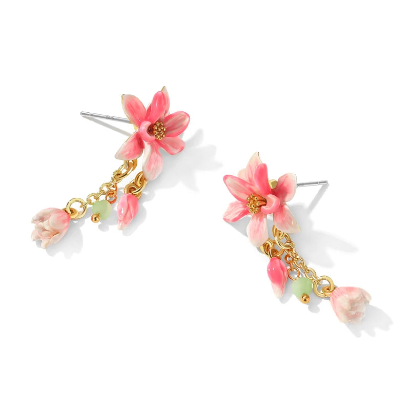 JUICY GRAPE Pink Magnolia Flower Charm Earrings for Women  S925 Silver Needle  Original Design  Light Luxury Summer Jewelry