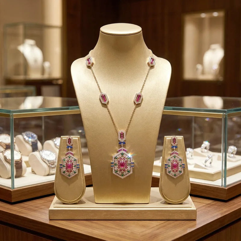 Vintage Style Earrings Necklace Women Lady Inlay Cubic Zircon Synthetic Ruby Rhombus Tassels Pendant Party Jewelry Sets