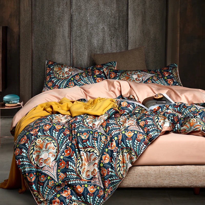 Flower Bird Digital Printing Bedding Sets 600TC Egyptian Cotton 4pcs Bed Linen Duvet Cover Set Luxury Bed Sheets Pillowcases #s