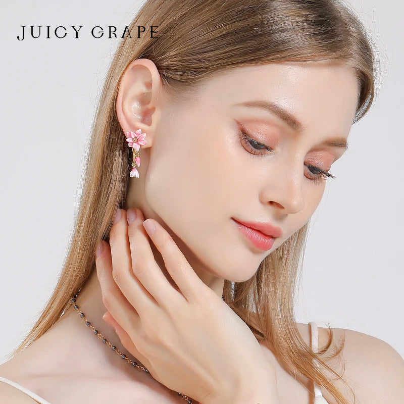 JUICY GRAPE Pink Magnolia Flower Charm Earrings for Women  S925 Silver Needle  Original Design  Light Luxury Summer Jewelry