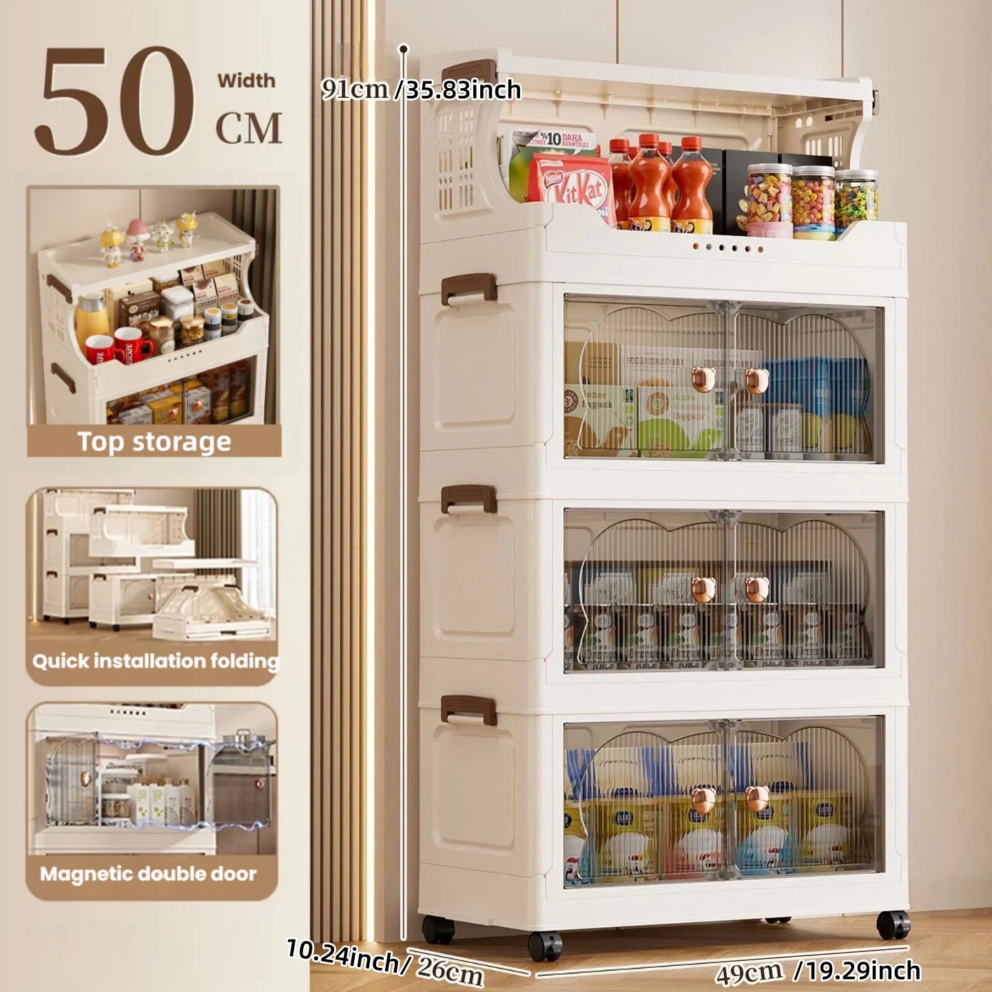 Snack storage shelf, large floor cart for the living room, toy organizing folding cabinet, movable household storage box
