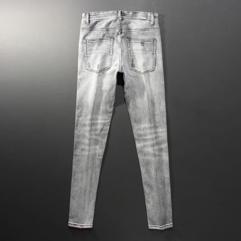 Street Fashion Men's Retro Grey Jeans High Quality Stretch Tight Patched Jeans Men's Splicing Designer Hip Hop Brand Pants Hombr