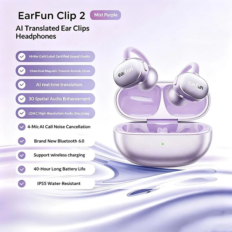 EarFun Clip 2 Open Wireless Earbuds Bluetooth 6.0 AI Real Time Translation Hi-Res IP55 Waterproof Long Battery Life Headphones