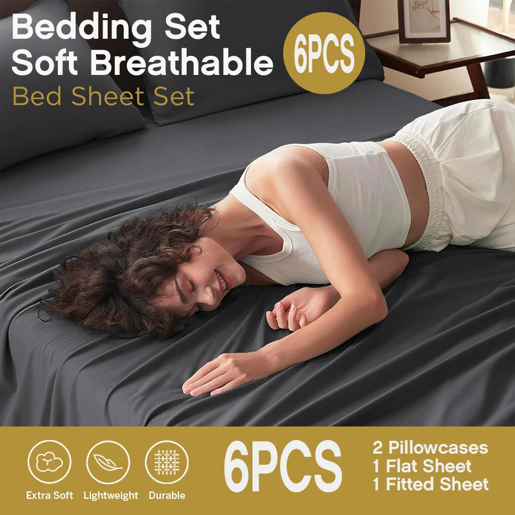6pcs Bedding Set Soft Breathable - 2 Pillowcases 1 Flat Sheet 1 Fitted Sheet - Bed Sheet Set