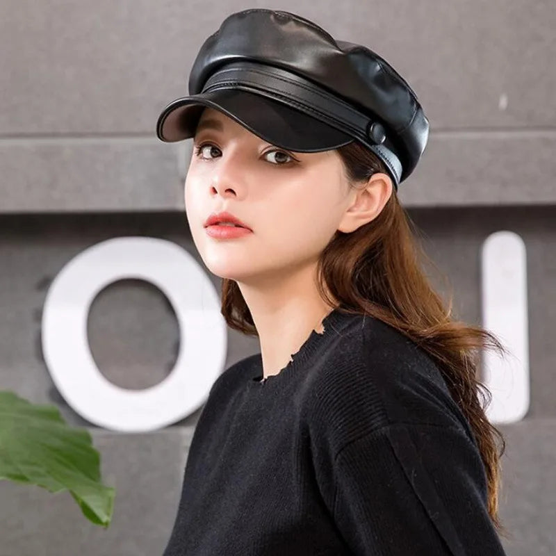 Fashion Unisex PU Leather Military Caps Spring Autumn Sailor Hats for Women Men Black Grey Flat Top Captain Cap Travel Cadet Hat
