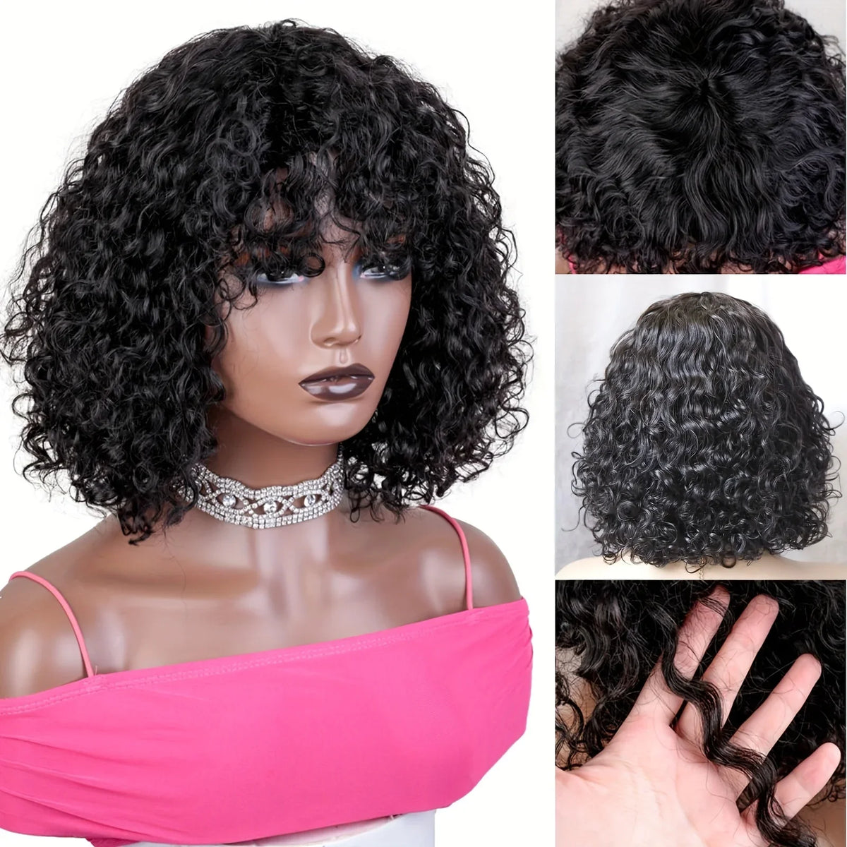 Water Curly 100% Virgin Human Hair Wig with Bangs 210% Density Peruvian Hair  Full Machine Made Wigs Natural Black Color
