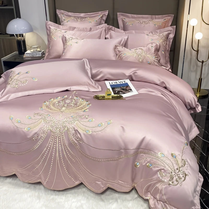 European Style Egyptian 100% Cotton Bedding Set Golden Embroidery Home Textiles Duvet Sheet Pillowcases Set Full King Queen Size
