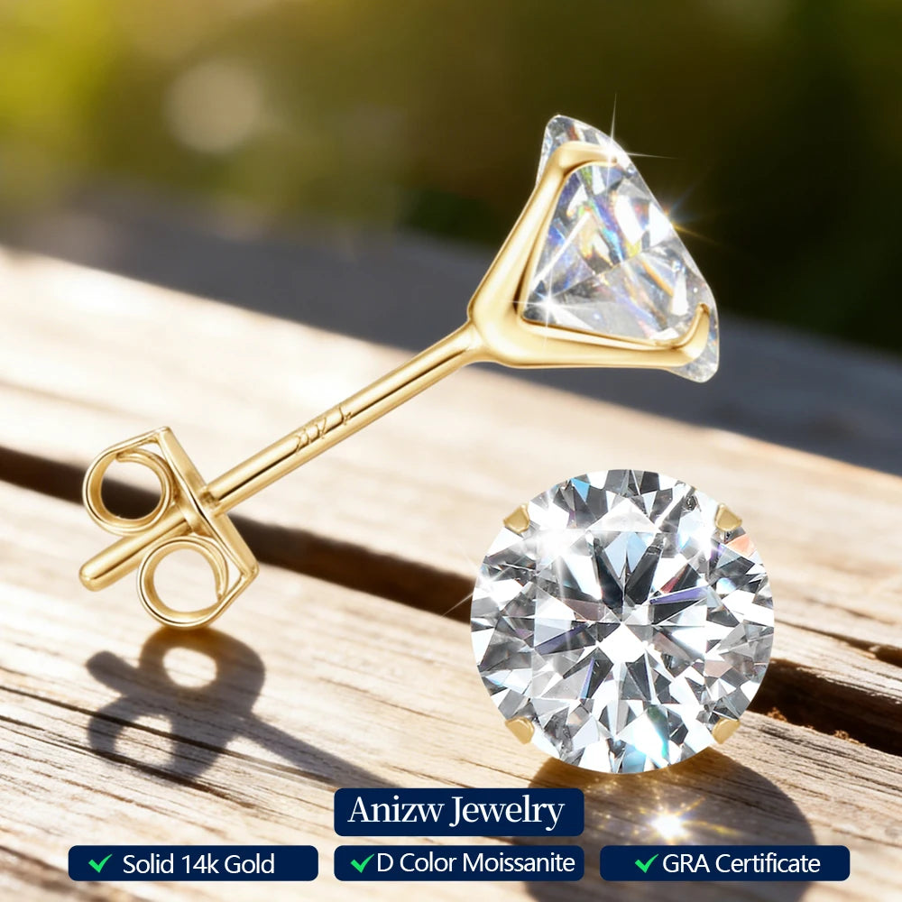 Anziw Solid Gold 14K Earrings Classic 3mm/4mm/5mm/6mm D Color Round Cut Moissanite Stud Earrings for Women Men Jewelry Certified