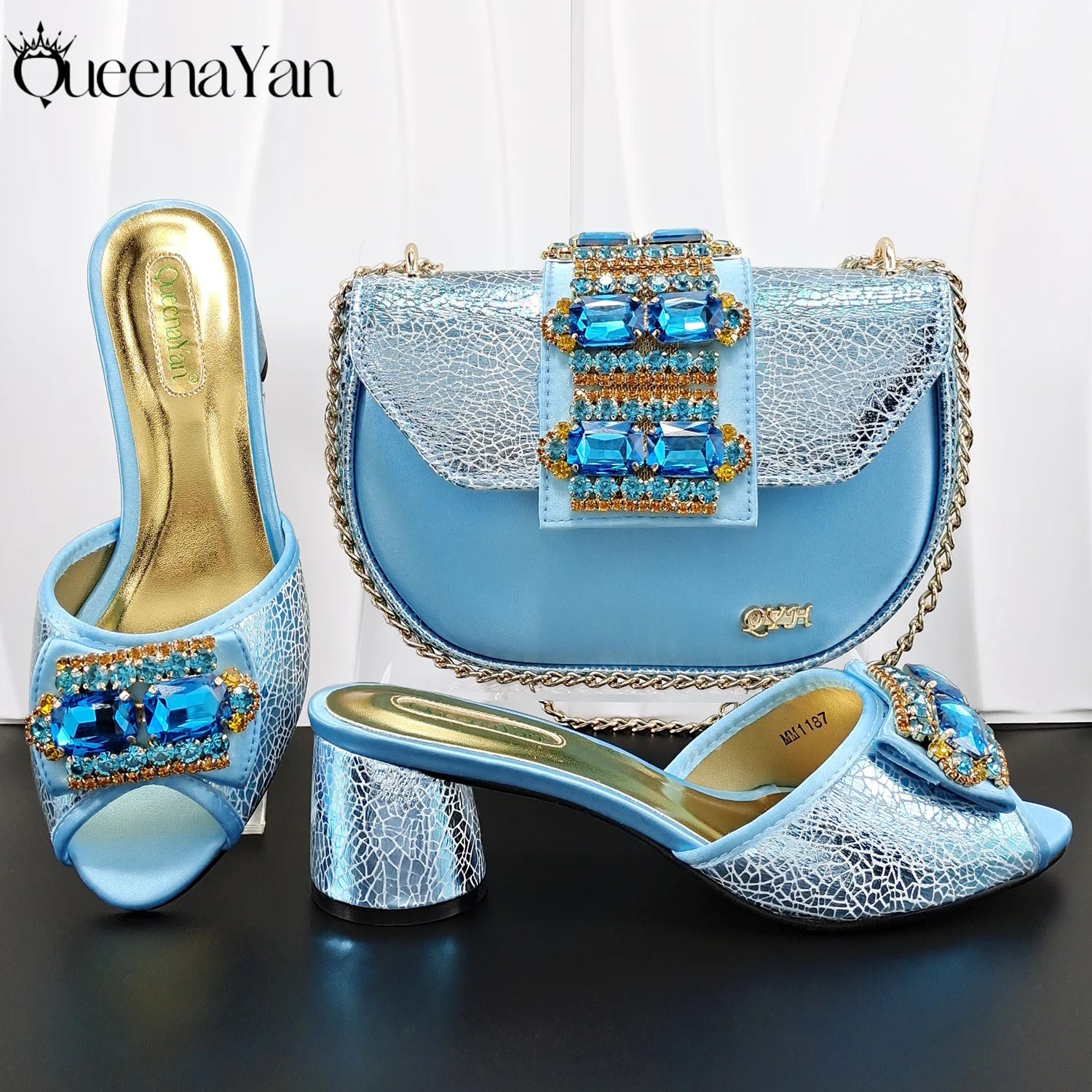 QueenaYan Italian Design Fashion Mature Style Rhinestone Peep Toe Party Women's High Heels with Diamond Oval Bag for Sky Blue