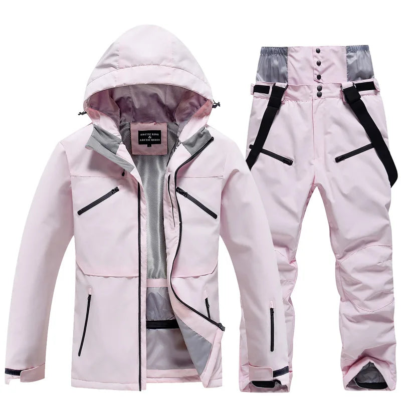 NEW Fashion Men Women Winter Ski Suit Windproof Waterproof Snowboard Jacket and Pants Snow Clothes Female Skiwear Pure White