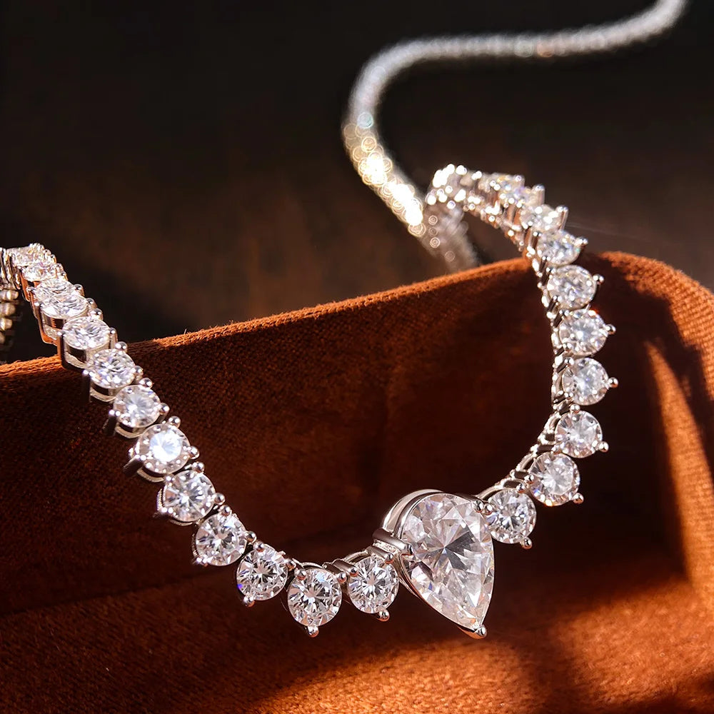 KNOBSPIN GRA Certified Moissanite Tennis Necklace with 4ct Pear Cut Pandent Solid 925 Silver Wedding Tennis Necklaces for Women