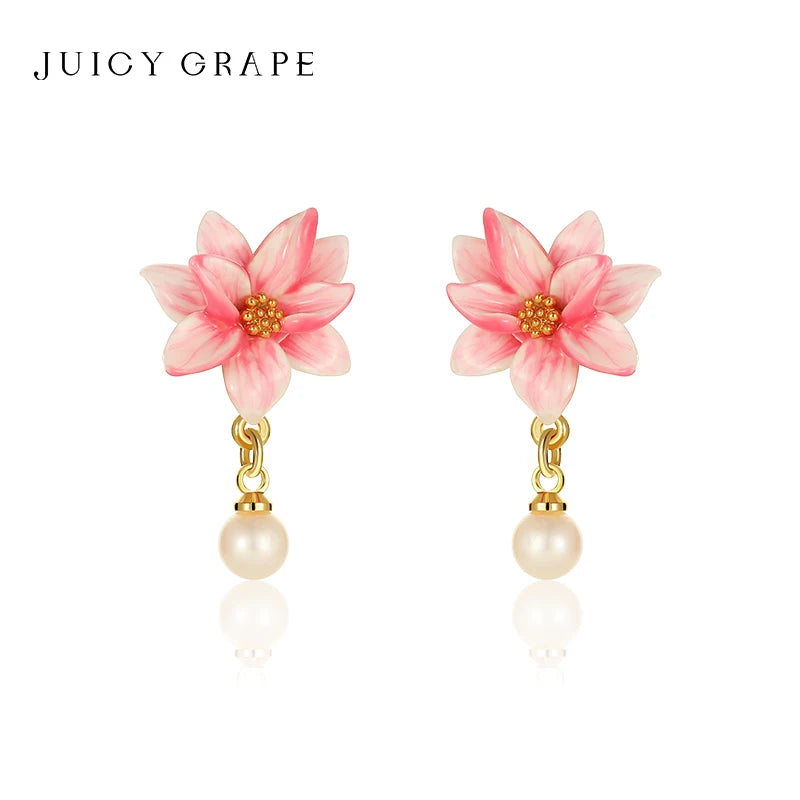 JUICY GRAPE Pink Magnolia Flower Charm Earrings for Women  S925 Silver Needle  Original Design  Light Luxury Summer Jewelry