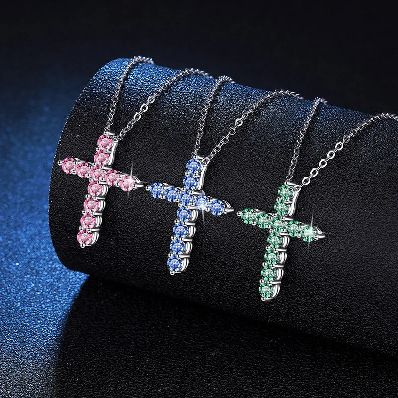 Beautiful Pink/Blue/Green 1.1CT Moissanite Cross Pendant Necklace for Woman Anniversary Solid Platinum PT950 Necklace