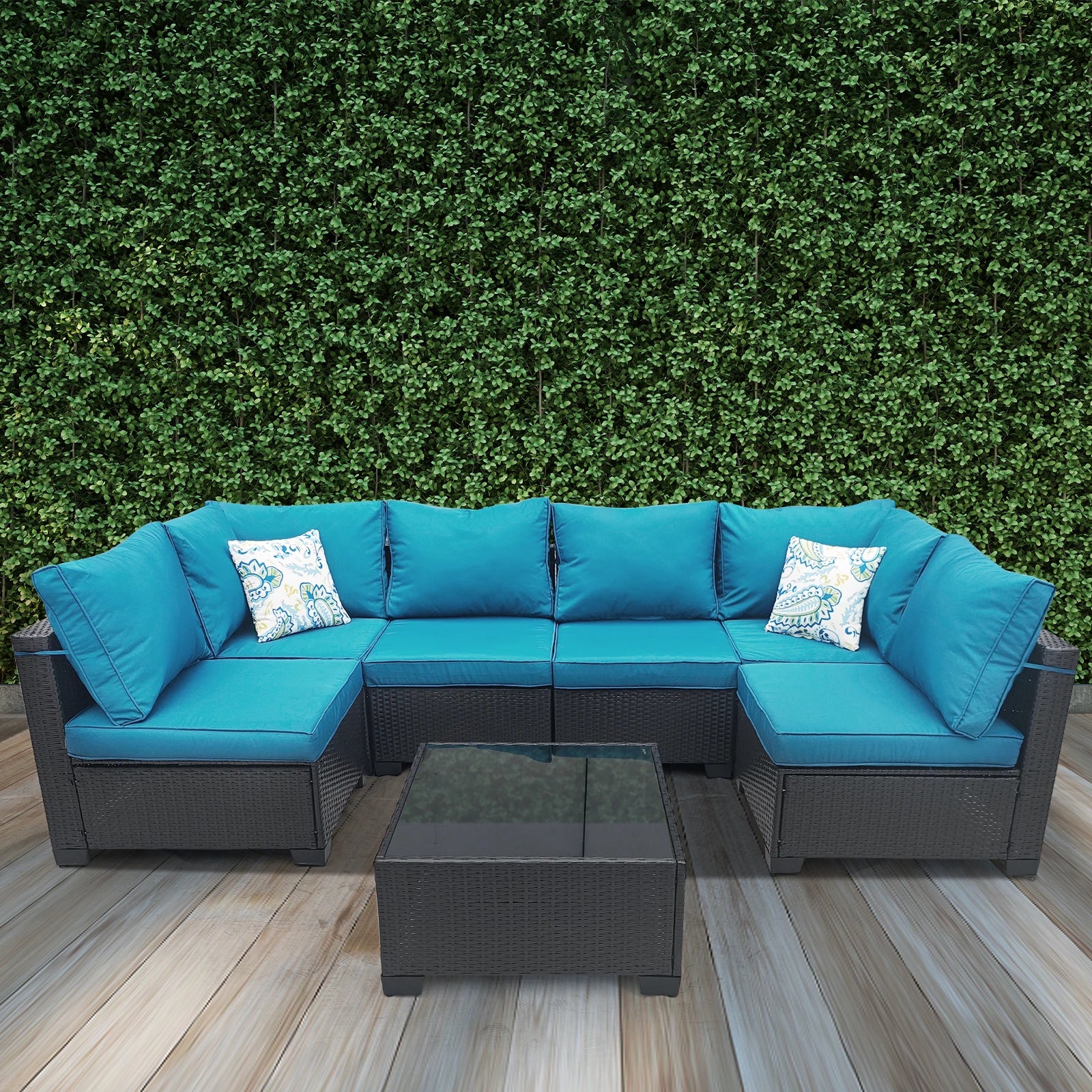 Patio Furniture Set 7 Piece - All-Weather Wicker Rattan Outdoor Conversation Set in Black/Peacock Blue for Backyard Garden Pool