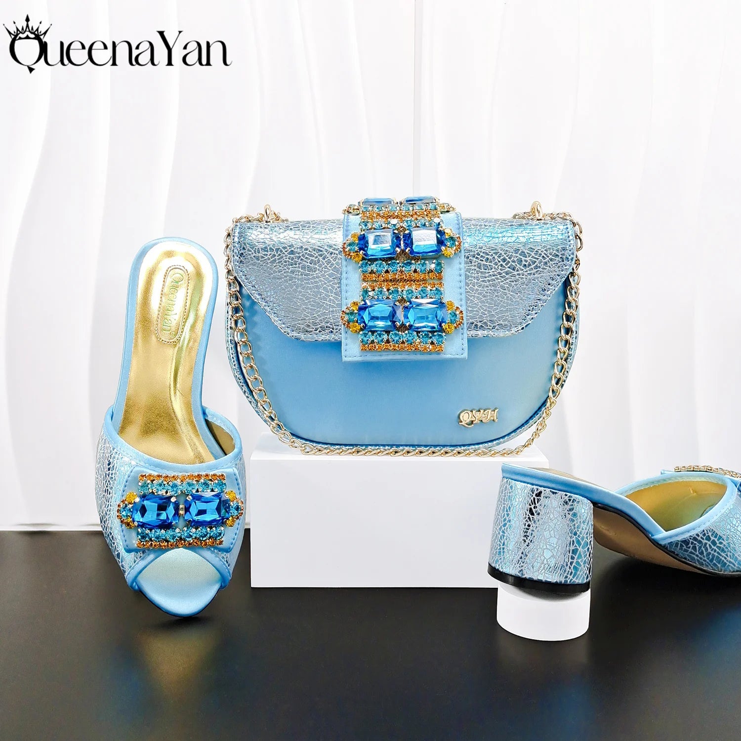 QueenaYan Italian Design Fashion Mature Style Rhinestone Peep Toe Party Women's High Heels with Diamond Oval Bag for Sky Blue