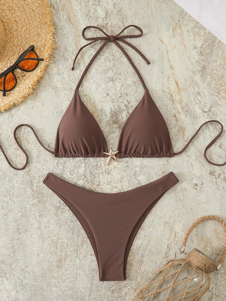 Sexy Bikini Set Solid Swimsuit Women Beachwear 2026 Thong Micro Bikinis Female Swimwear High Cut Neck Bathing Suit Beach Biquini