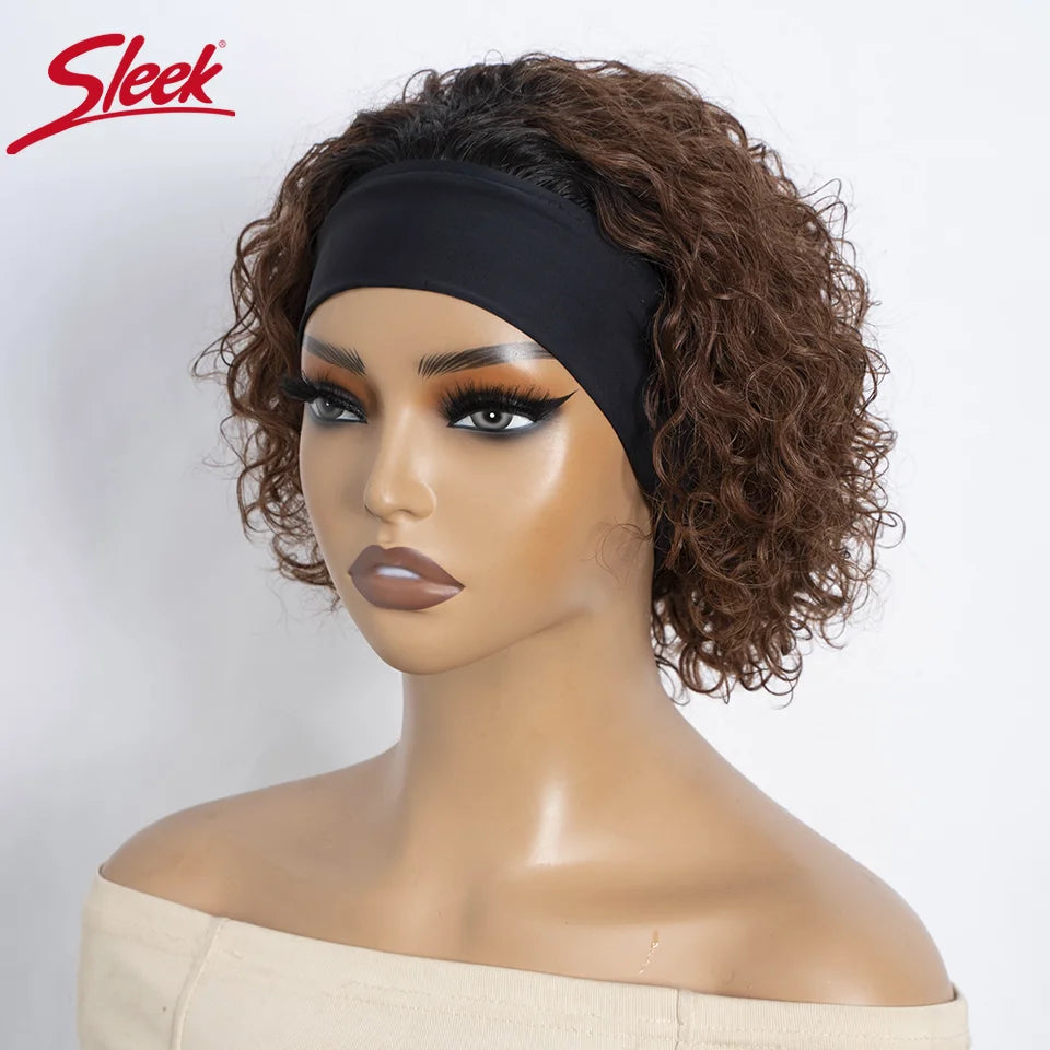 Human Hair Curly Wigs Headband Wig Brown Wear And Go Headband Wigs Glueless Wig With Elastic Band Pixie Cut Curly Human Wigs