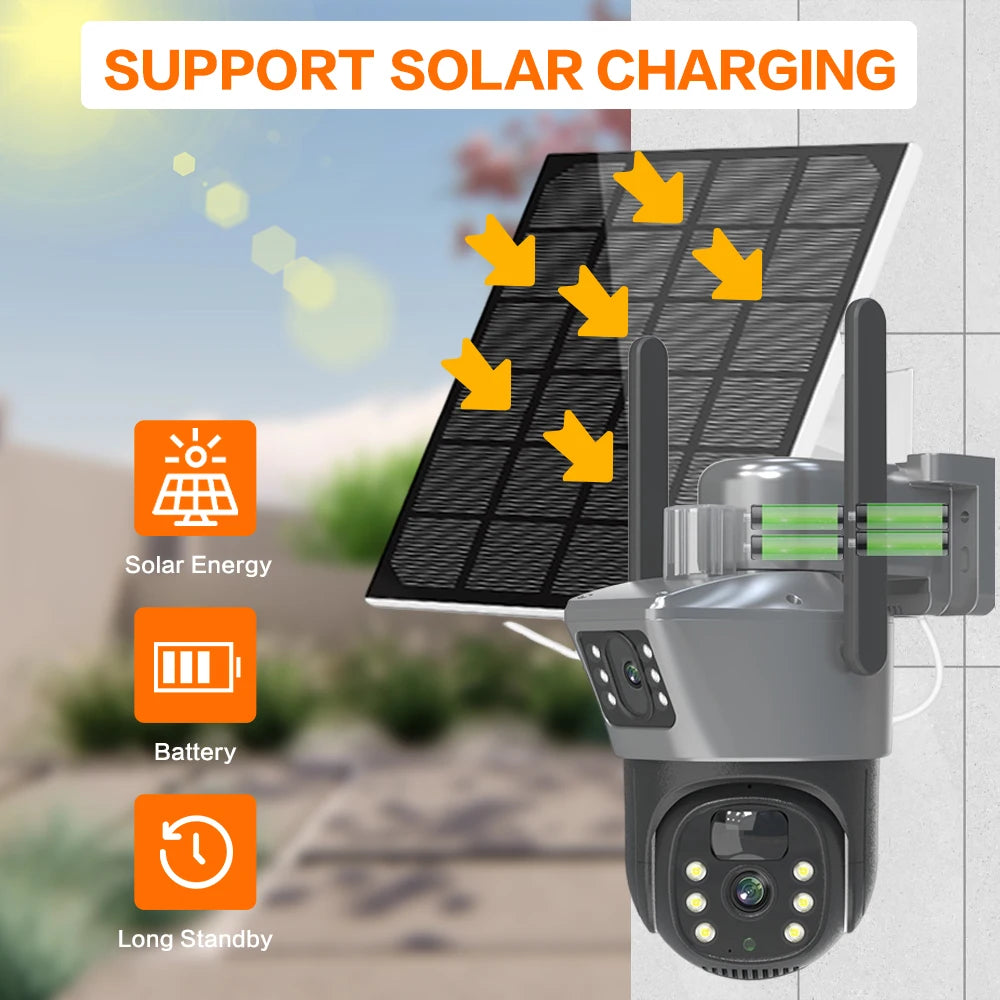 4K 8MP Solar PTZ Camera WIFI Dual Lens Security CCTV Zoom Humanoid Tracking Record Outdoor Wireless Surveillance Cam 128 TF Card