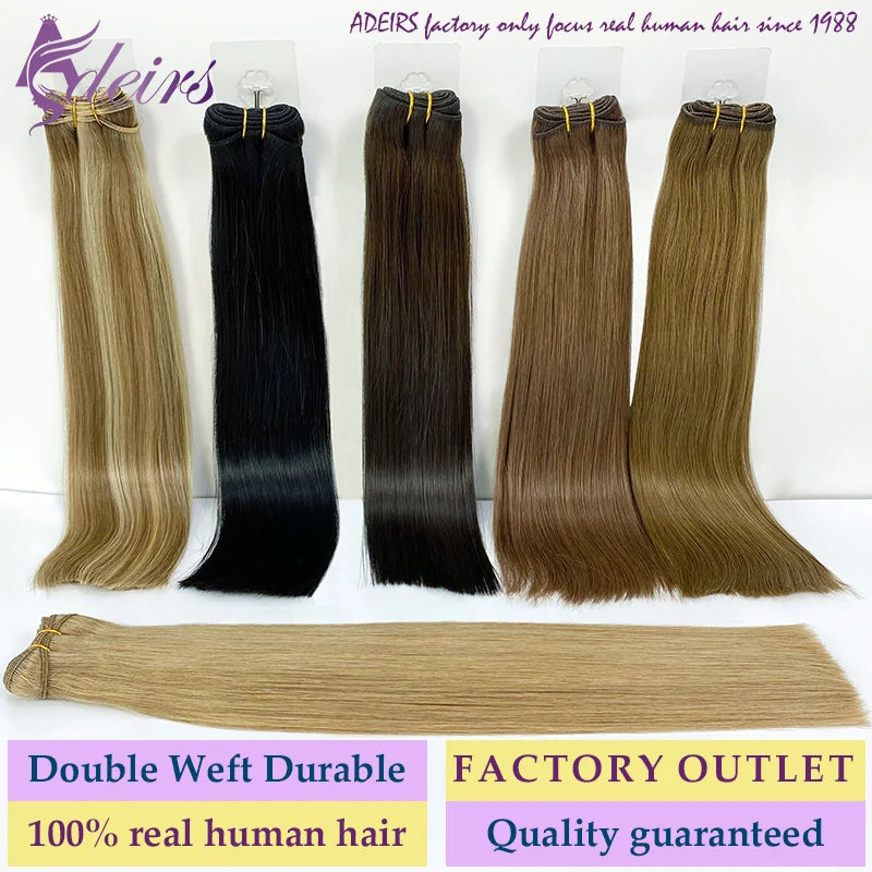 ADEIRS Straight Human Hair Weft Bundles European Remy Natural Human Hair Extension 14"-24" Can Curly Double Hair Weaves Blonde