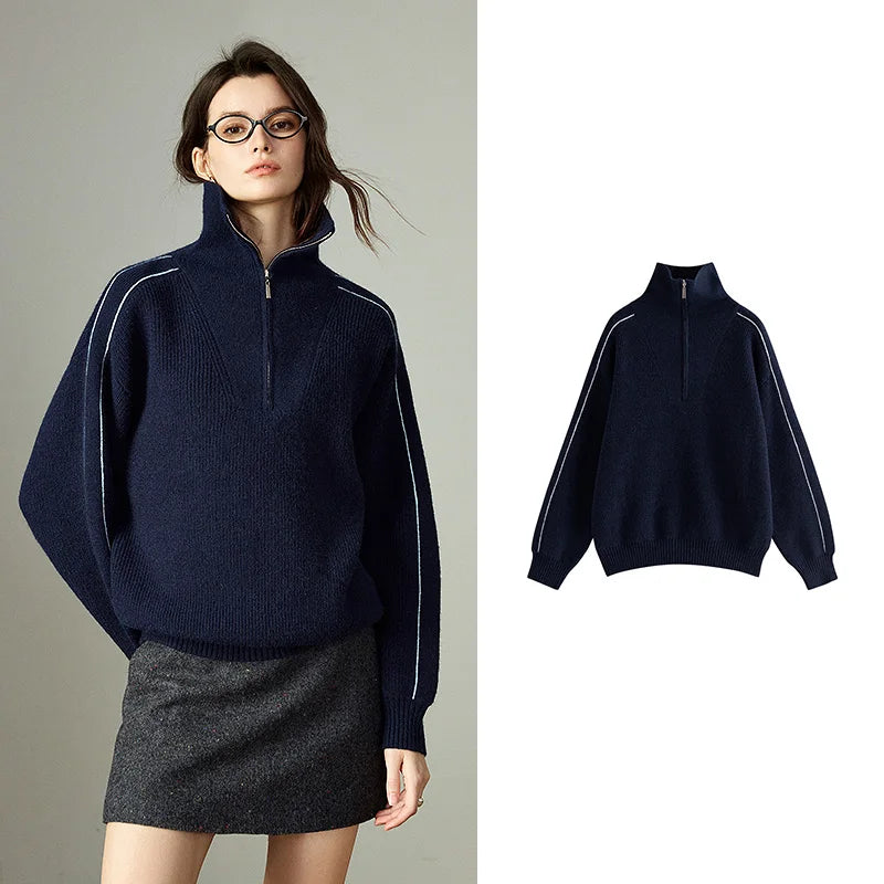 TOYOUTH Women Sweaters 2025 Winter New Zip High Collar Retro Sporty Arctic Fleece Warm Tops