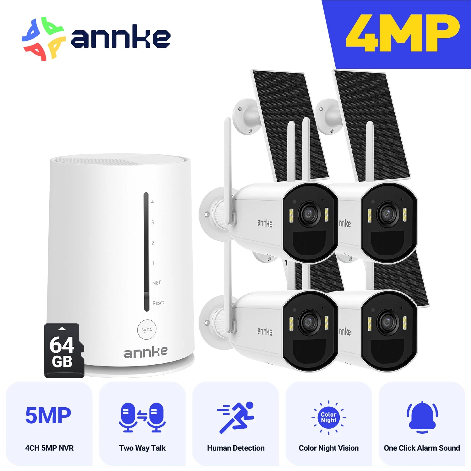 Annke 4MP Solar Security Cameras 4CH Wireless NVR 4mm Color Night Vision IP Camera Audio 2.4G 5.8G Solar Wifi Camera Outdoor