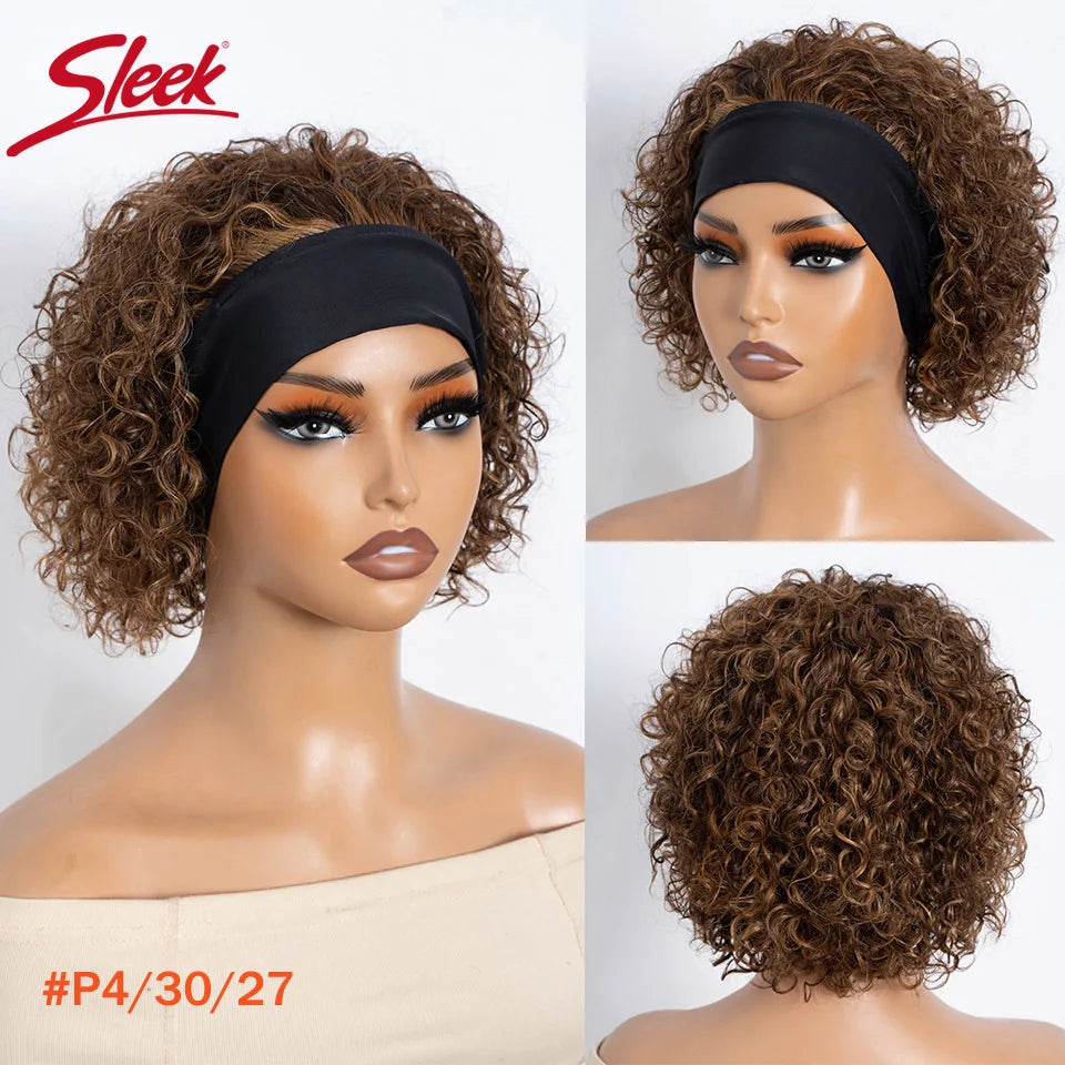 Human Hair Curly Wigs Headband Wig Brown Wear And Go Headband Wigs Glueless Wig With Elastic Band Pixie Cut Curly Human Wigs