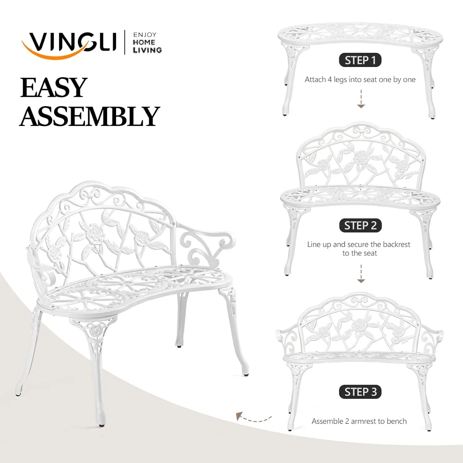 38.5" Patio Park Garden Outdoor Metal Rose Bench, 2-Person Cast Iron Cast Aluminium Frame Antique Finish, Customized